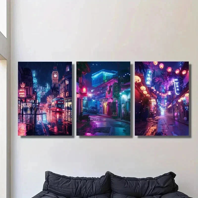3pcs City Night Scene under Neon Lights Wall Art Set Canvas Framed 40x60cm - High Quality Print 100% Australian Made Wall Canvas Ready to Hang