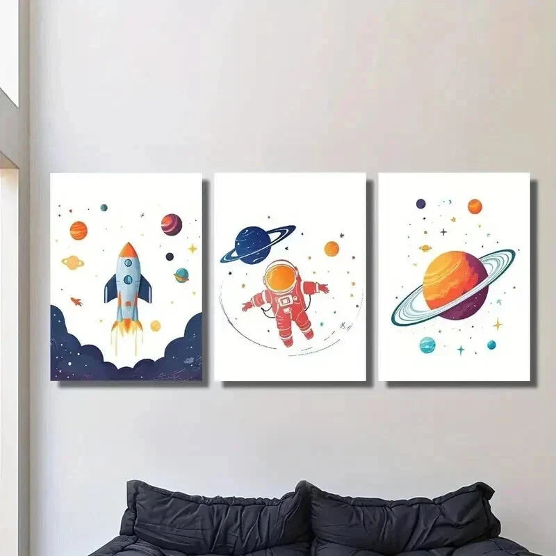 3pcs Astronaut With Rocket Floating in Space Wall Art Set Canvas Framed 40x60cm - High Quality Print 100% Australian Made Wall Canvas Ready to Hang