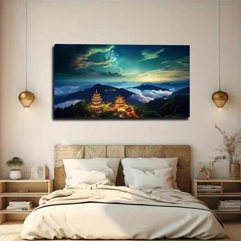 Temple Under Starry Night Sky Wall Art Canvas Office Home Room Framed 120x60cm