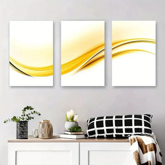 3pcs Modern Abstract Wave Yellow and White Metal Print Ready to Hang Art