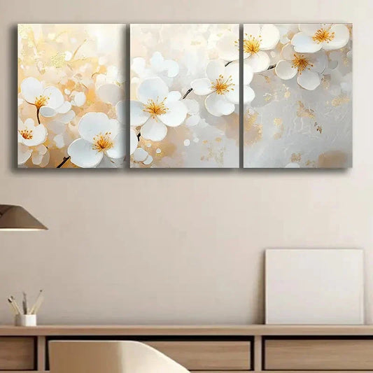 3pcs White Blossoms with Golden Nature Perfect Wall Art Set Canvas Framed 40x60cm - High Quality Print 100% Australian Made Wall Canvas Ready to Hang