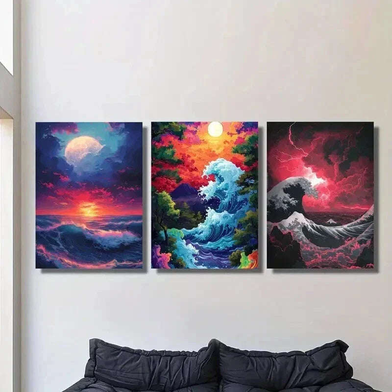 3pcs Colorful Ocean Wave & Sunset Scenes Wall Art Set Canvas Framed 40x60cm - High Quality Print 100% Australian Made Wall Canvas Ready to Hang