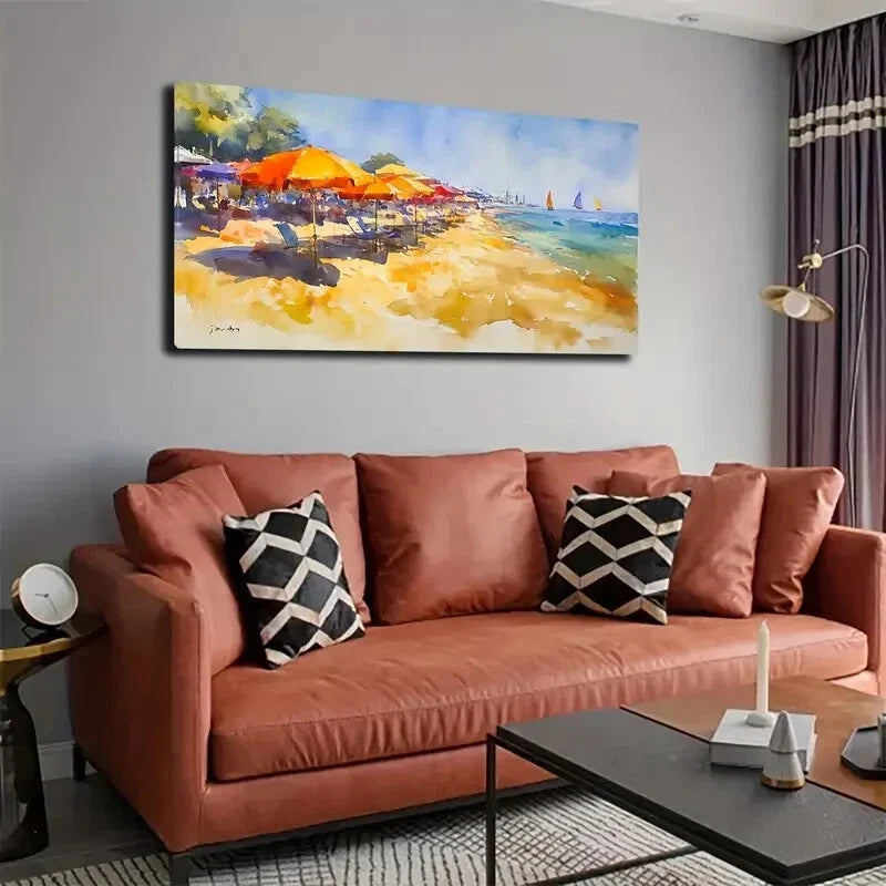 Vibrant Beach Umbrellas Neatly Wall Art Canvas Office Home Room Framed 120x60cm