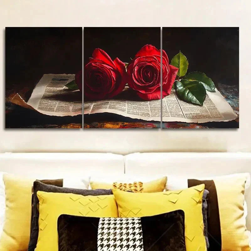 3pcs Red Roses on Vintage Newspaper Metal Print Ready to Hang Art