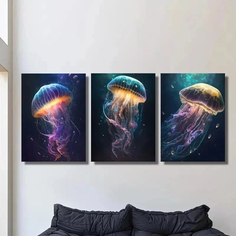 3pcs Vibrant Galaxy Jellyfish Sea Life Wall Art Set Canvas Framed 40x60cm - High Quality Print 100% Australian Made Wall Canvas Ready to Hang