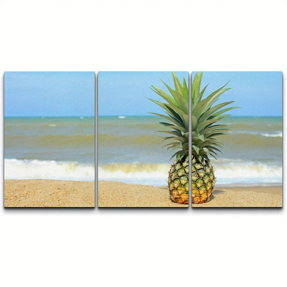 3pcs Pineapple on Beach with Modern Metal Print Ready to Hang Art