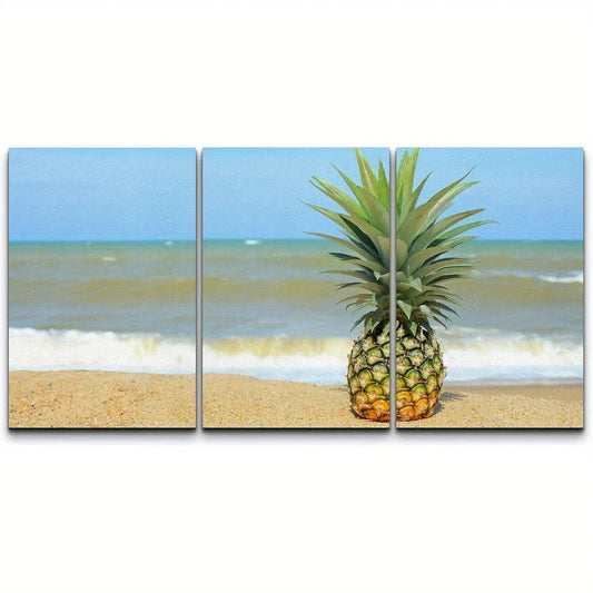 3pcs Pineapple on Beach with Modern Metal Print Ready to Hang Art