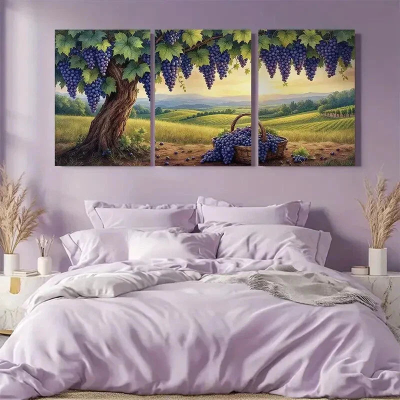 3pcs Lush Grapevine Tree with Ripe Purple Grapes Metal Print Ready to Hang Art