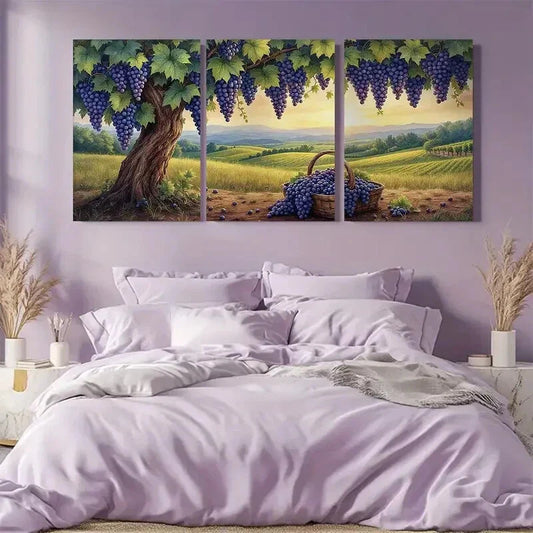 3pcs Lush Grapevine Tree with Ripe Purple Grapes Metal Print Ready to Hang Art