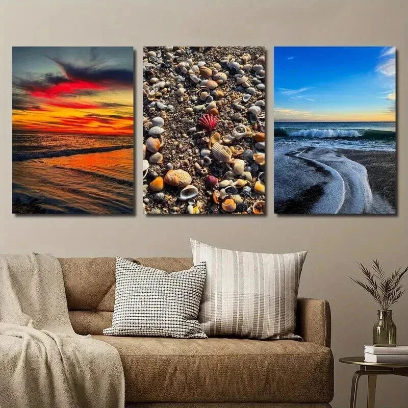3pcs Vibrant Beach Sunset Seashells & Waves Wall Art Set Canvas Framed 40x60cm - High Quality Print 100% Australian Made Wall Canvas Ready to Hang
