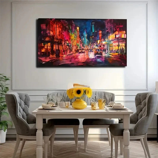 Vibrant Neon-Lit Street Scene Wall Art Canvas Office Home Room Framed 80x45cm
