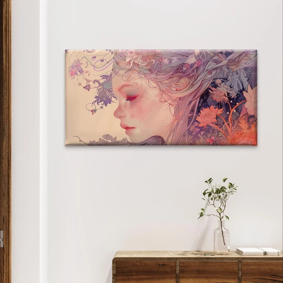 Ethereal Woman with Floral Hair Wall Art Canvas Office Home Framed 120x60cm
