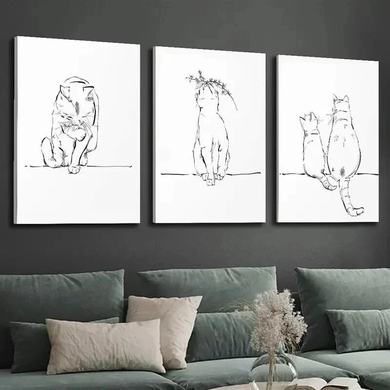 3pcs Black & White Cat Sketch Line Wall Art Set Canvas Framed 40x60cm - High Quality Print 100% Australian Made Wall Canvas Ready to Hang