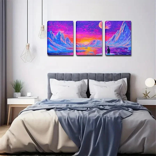 3pcs  Moon in the Style of a Mountain Landscape Wall Art Set Canvas Framed 40x60cm - High Quality Print 100% Australian Made Wall Canvas Ready to Hang