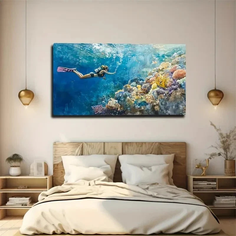 Underwater Snorkeling Scene Wall Art Canvas Office Home Room Framed 120x60cm