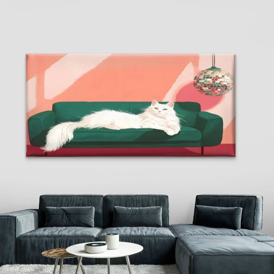 White Cat on Green Sofa Wall Art Canvas Office Home Room Framed 120x60cm