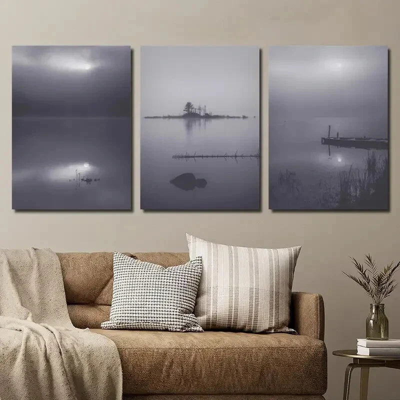3pcs Modern Foggy Lake Misty Landscape Decor Wall Art Set Canvas Framed 40x60cm - High Quality Print 100% Australian Made Wall Canvas Ready to Hang