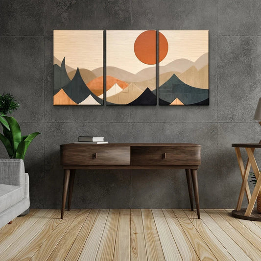 3pcs Abstract Pattern Sun Mountain Forest Plane Metal Print Ready to Hang Art