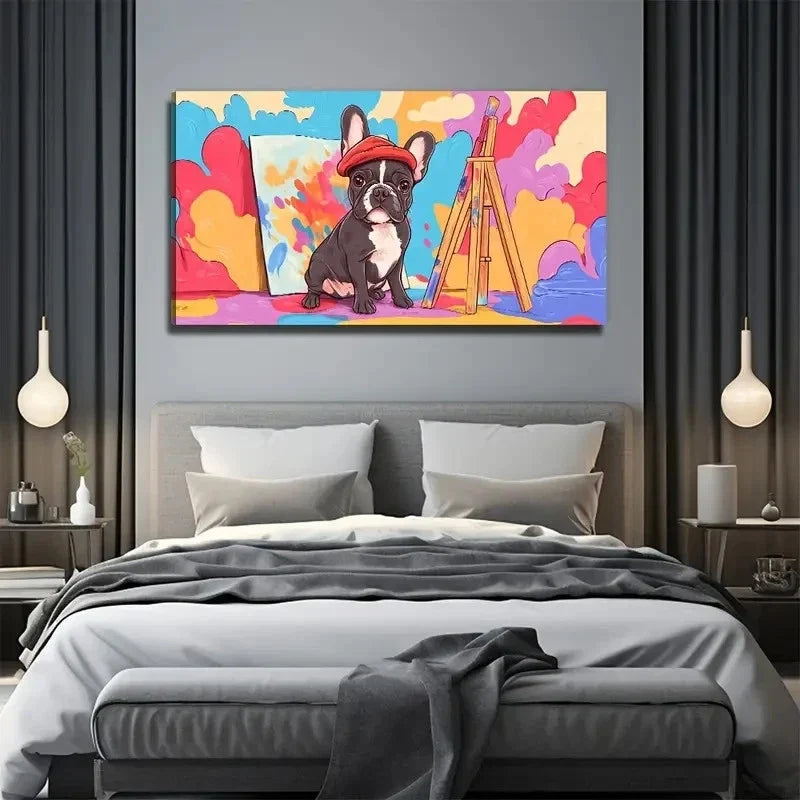 Dog Painter Vibrant Wall Art Canvas Office Home Room Framed 120x60cm