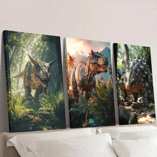 3pcs Dinosaurs in the Jungle Painting Wall Art Set Canvas Framed 40x60cm - High Quality Print 100% Australian Made Wall Canvas Ready to Hang