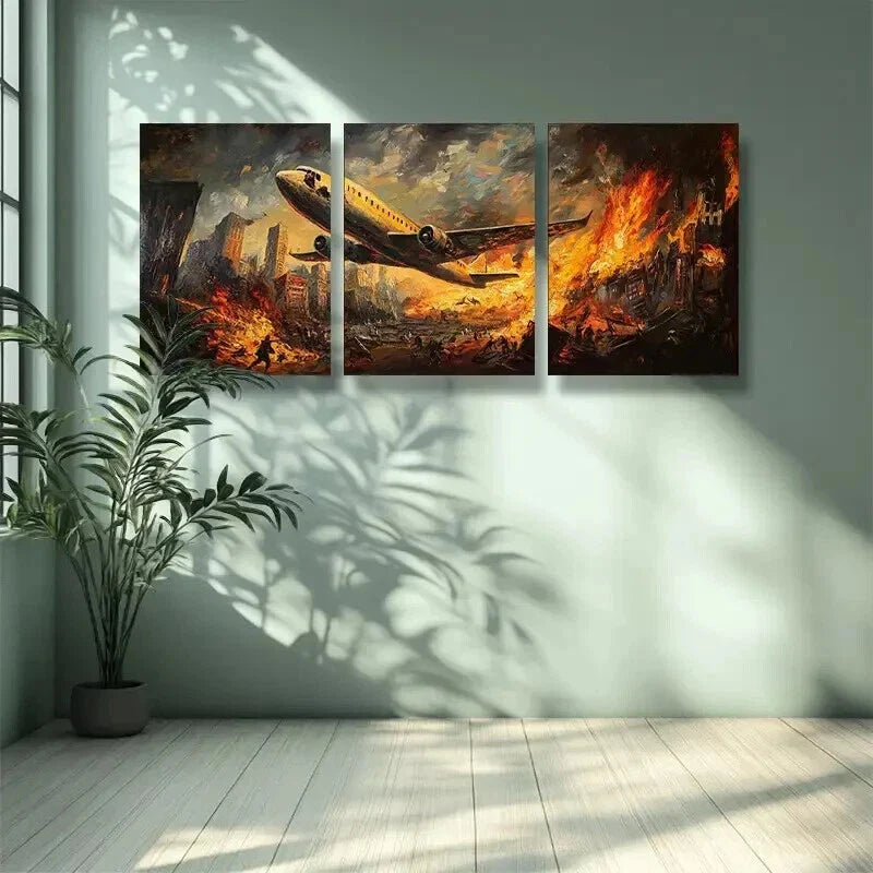 3pcs Battle Scene with Airplanes and Explosions Wall Art Set Canvas Framed 40x60cm - High Quality Print 100% Australian Made Wall Canvas Ready to Hang