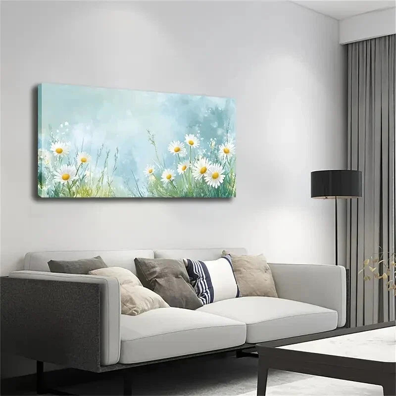White Daisies Soft Blue & Green Wall Art Canvas Office Home Room Framed 120x60cm