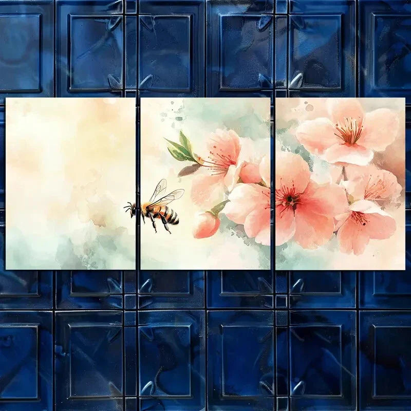 3pcs Vibrant Watercolor Bee & Flower Perfect Wall Art Set Canvas Framed 40x60cm - High Quality Print 100% Australian Made Wall Canvas Ready to Hang