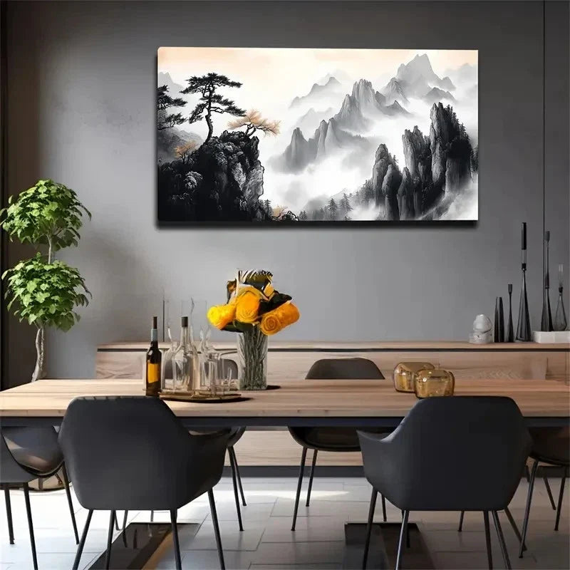 Branches & Misty Mountains Wall Art Canvas Office Home Room Framed 120x60cm