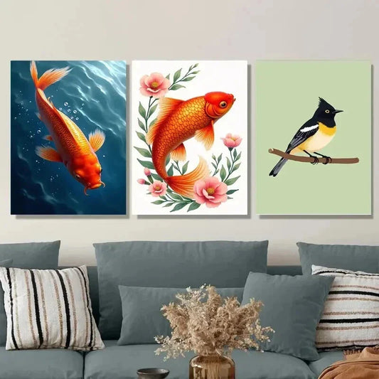 3pcs Fish Floral & Bird Vibrant Orange Koi Pink Wall Art Set Canvas Framed 40x60cm - High Quality Print 100% Australian Made Wall Canvas Ready to Hang