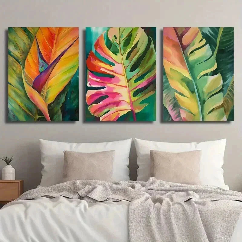 3pcs Colorful Monstera & Palm Leaf Designs Wall Art Set Canvas Framed 40x60cm - High Quality Print 100% Australian Made Wall Canvas Ready to Hang