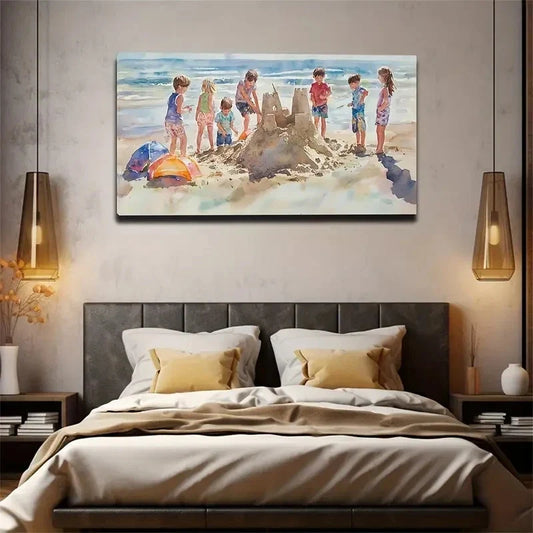Children Accumulate Sand Castle Wall Art Canvas Office Home Room Framed 80x45cm