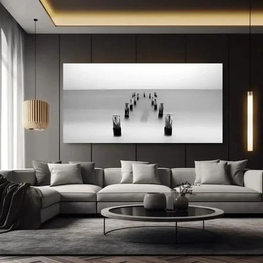 Black And White Minimalist Sea Wall Art Canvas Office Home Room Framed 120x60cm