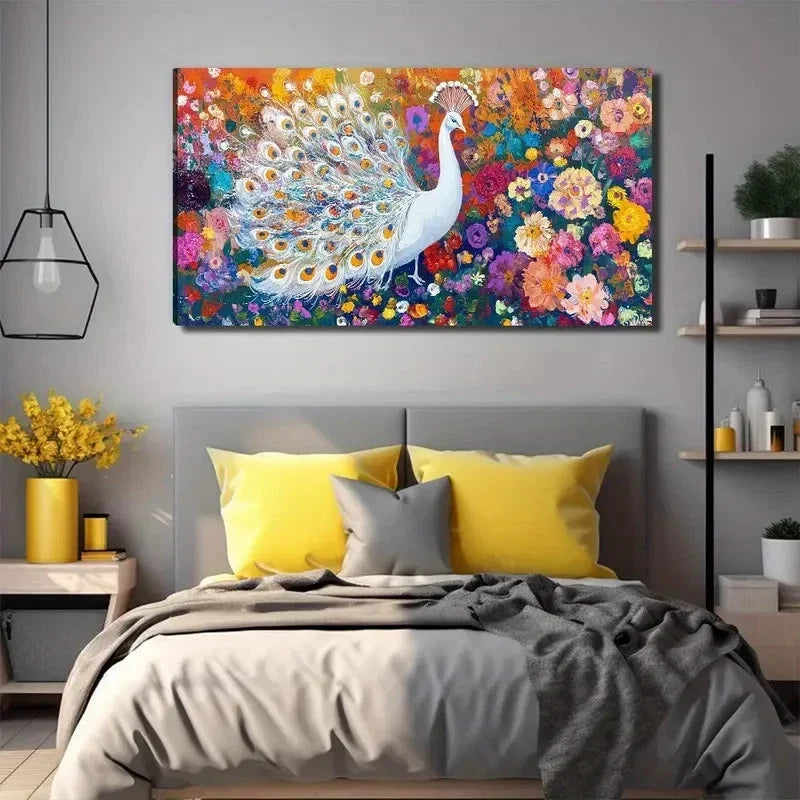 A Delightful Peacock Wall Art Canvas Office Home Room Framed 120x60cm