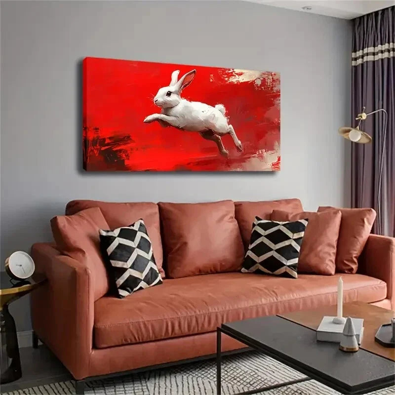 White Rabbit Dynamic Jump Red Wall Art Canvas Office Home Room Framed 120x60cm