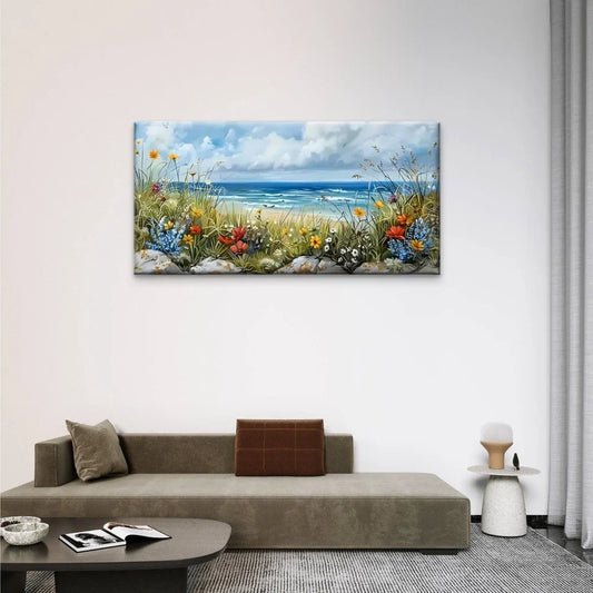 Beach Flowers Rocks Blue Sky Wall Art Canvas Office Home Room Framed 80x45cm