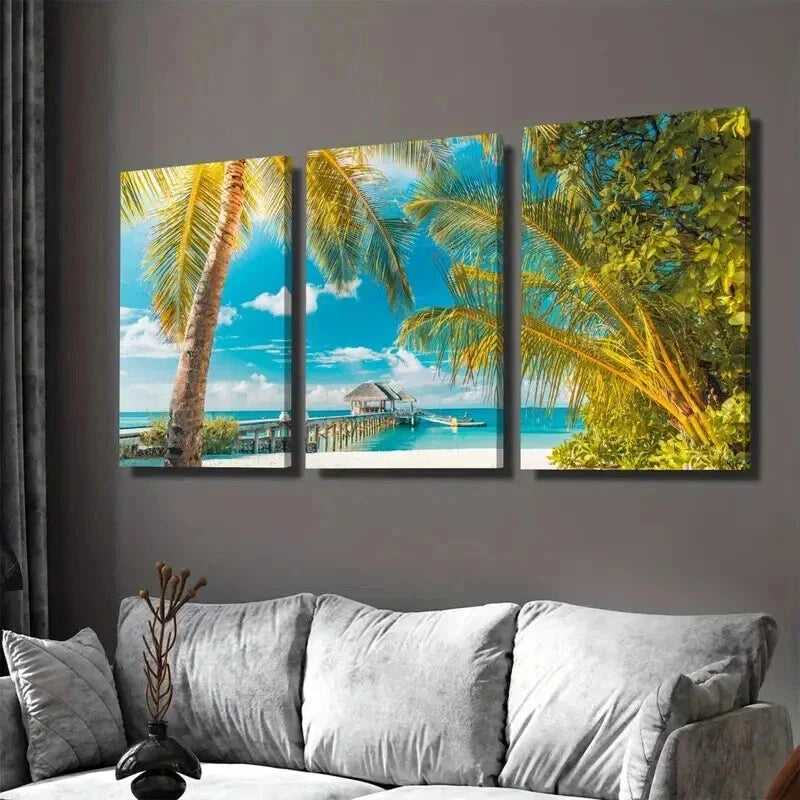 3pcs Beach Paradise Triptych Tropical Ocean Wall Art Set Canvas Framed 40x60cm - High Quality Print 100% Australian Made Wall Canvas Ready to Hang