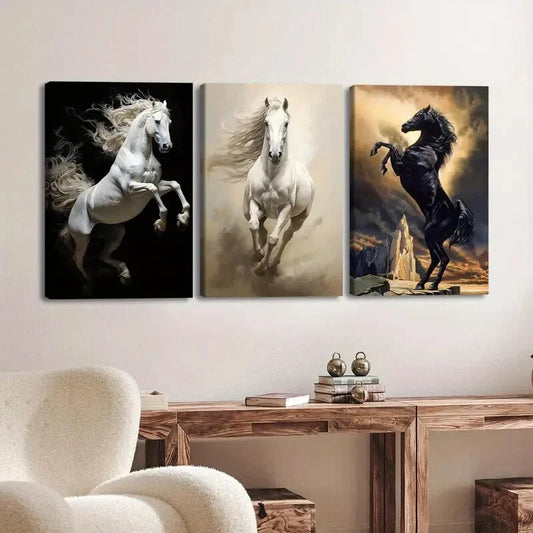 3pcs Horse Paintings Running Horse Black & Gold Wall Art Set Canvas Framed 40x60cm - High Quality Print 100% Australian Made Wall Canvas Ready to Hang
