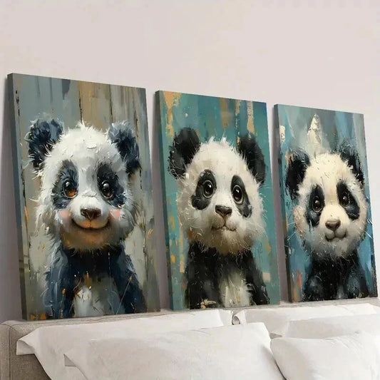 3pcs Woodland Animal Cute Panda Imitation Wall Art Set Canvas Framed 40x60cm - High Quality Print 100% Australian Made Wall Canvas Ready to Hang