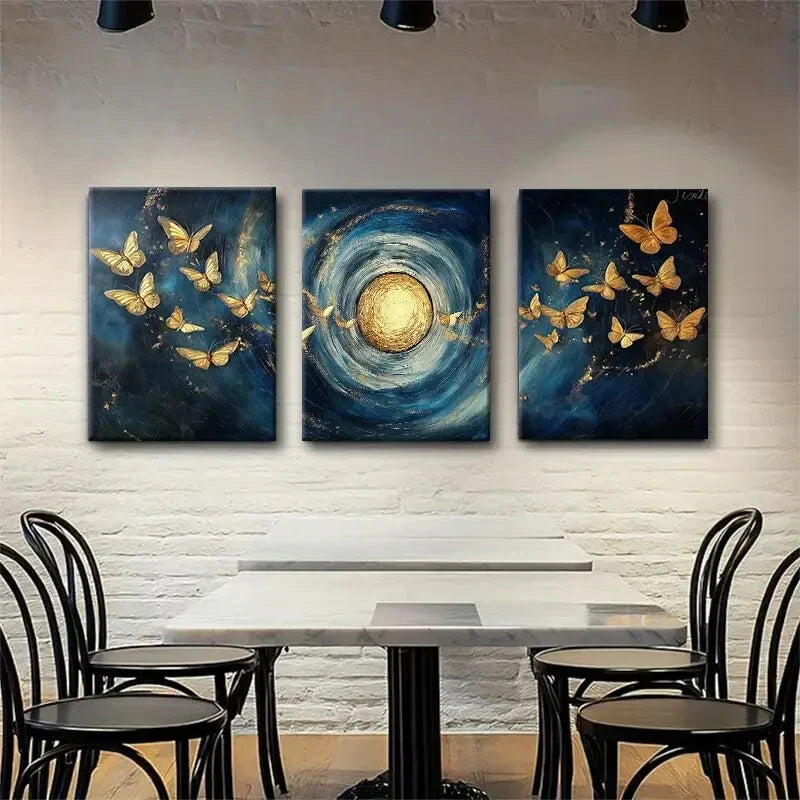 3pcs Golden Butterflies Swirling Décor Perfect Wall Art Set Canvas Framed 40x60cm - High Quality Print 100% Australian Made Wall Canvas Ready to Hang