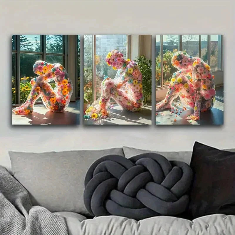 3pcs People made of flowers Metal Print Ready to Hang Art