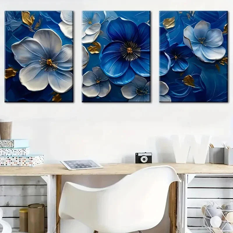 3pcs Blue And White Floral Patterns Wall Art Set Canvas Framed 40x60cm - High Quality Print 100% Australian Made Wall Canvas Ready to Hang