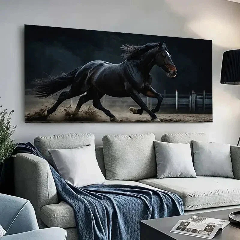 Dynamic Galloping Black Horse Wall Art Canvas Office Home Room Framed 120x60cm