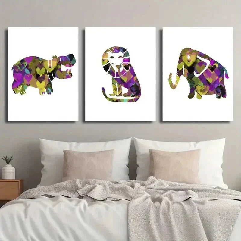 3pcs Abstract Hippo Lion Zebra Elephant Wall Art Set Canvas Framed 40x60cm - High Quality Print 100% Australian Made Wall Canvas Ready to Hang