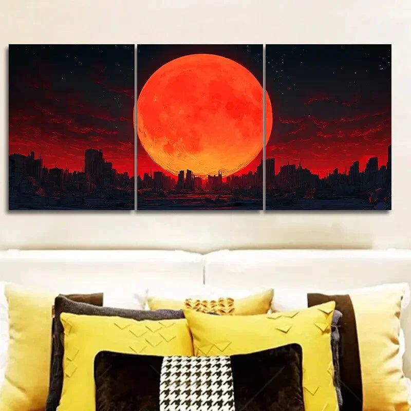 3pcs Big Red Moon , Modern Metal Print Ready to Hang Art