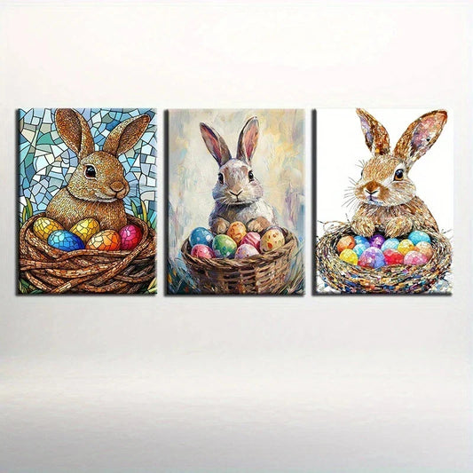 3pcs Spring Scene Bunnies Elegant Eggs Playful Metal Print Ready to Hang Art