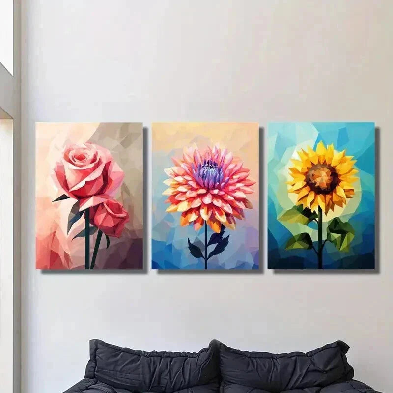 3pcs Cubism Pink Rose Abstract Dahlia Sunflower Wall Art Set Canvas Framed 40x60cm - High Quality Print 100% Australian Made Wall Canvas Ready to Hang