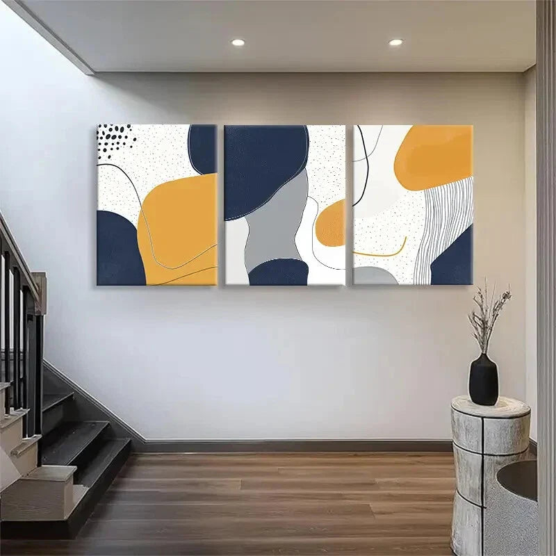3pcs Geometric Shapes in Navy Mustard Perfect Wall Art Set Canvas Framed 40x60cm - High Quality Print 100% Australian Made Wall Canvas Ready to Hang