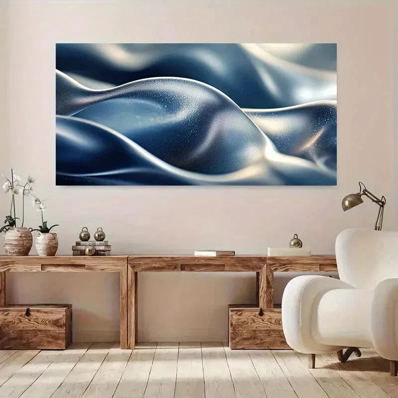 Modern Flowing Metallic Blue Wall Art Canvas Office Home Room Framed 80x45cm