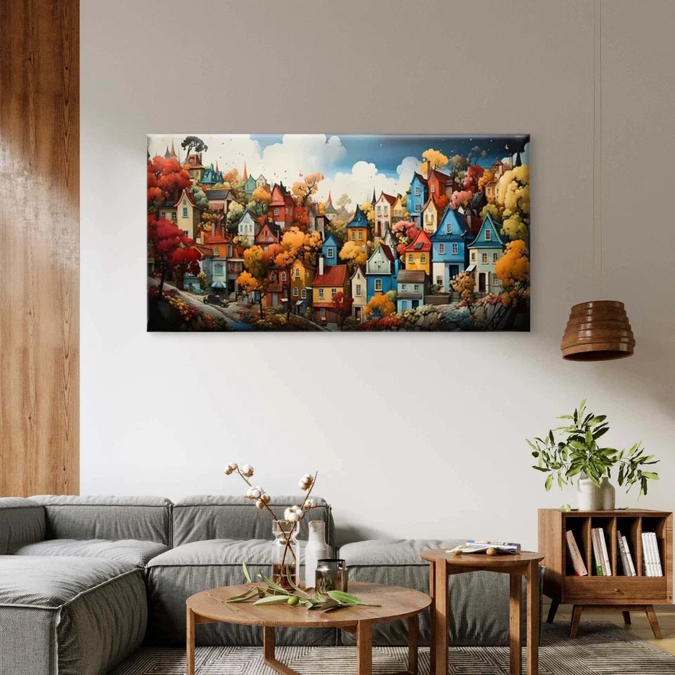 The Colorful Hillside Village Wall Art Canvas Office Home Room Framed 80x45cm