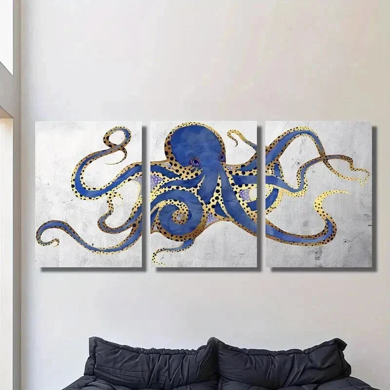 3pcs Navy Golden Blue and Gray Abstract Octopus Wall Art Set Canvas Framed 40x60cm - High Quality Print 100% Australian Made Wall Canvas Ready to Hang